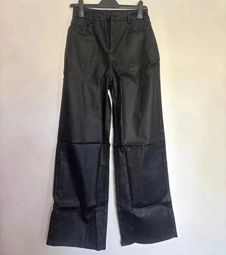 Black faux leather wide leg - black,