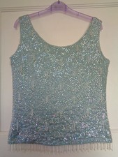 Gorgeous Vintage Turquoise Wool Irridescent Sequins Beads Top Size M/14 Bust 36