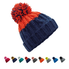 Cable Knit Beanies Two Tone Adult Bobble Pom Winter Hats Mens Womens Headwear