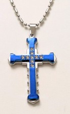 NEW BEAUTIFUL UNISEX ST. STEEL SILVER BLUE DIAMANTE CROSS PENDANT NECKLACE - 23"