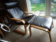 IKEA Poang birch & brown leather chair and footrest