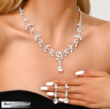 UK Women Ladies Fashion Silver Jewelry Necklace Drop Earrings Set Wedding Gift