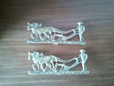 Antique Brass Ploughman with Horse Drawn Plough x 2 - early 20th Century