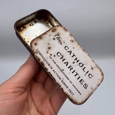 Vintage Old Food Box Tin Metal Catholic Charities Donations Chicago Church USA