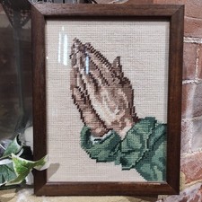 Praying Hands Embroidery Needlepoint Faith Christian Framed 8" x  10.5" VTG