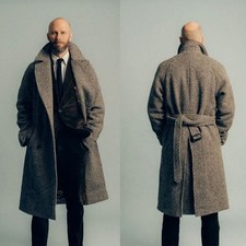Herringbone Men Coats with Belt Tweed Jacket Long Overcoats Peak Lapel Outwear