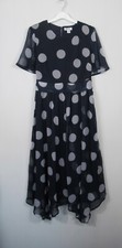 Wallis Navy spot Print Chiffon Midi Hanky Hem Occasion Party Dress Size 10 - 18