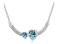 AQUAMARINE BLUE AUSTRIAN CRYSTAL DOUBLE HEART PENDANT NECKLACE