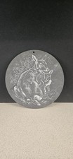 Vintage Large Round Slate Plaque With A Mother Deer And Ger Fawn Etched Detail.