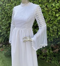 Vintage 1970’s  White Crochet Lace Medieval Revival Gothic Wedding Dress 6/8
