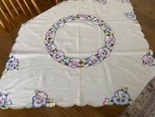 Vintage  Embroidered  Floral Tablecloth 31” x 32”