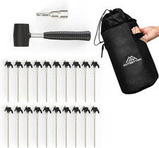 20X Tent Pegs with Thread & Rope Holder, Robust Steel Pegs with Mallet, Magnetic