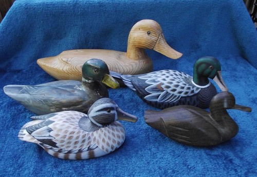 Five wooden decoy ducks - five,