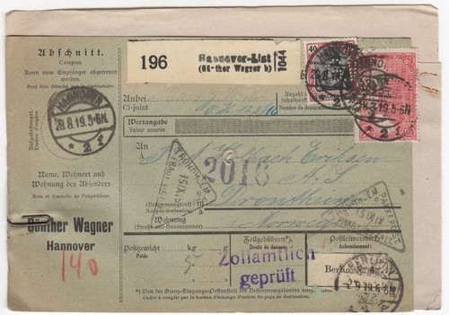 Parcel card with - , customs