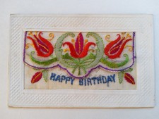 Vintage Embroidered Silk Postcard Happy Birthday Greetings Pocket Insert 1898