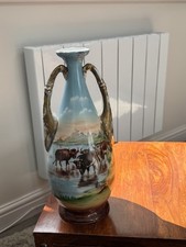 Antique Mid Victorian Tall Twin Handled Vase Hand Painted Cattle By River Scene