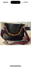 Vintage GUCCI Bamboo Shoulder Bag Handbag 2Way Black Leather Medium Authentic