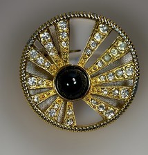 Vintage Sun Ray Rhinestone Brooch Gold Tone Black Cabochon Crystal Art Deco Lk