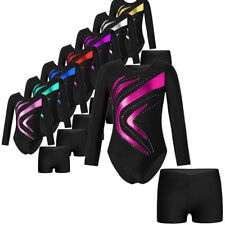 UK Girls Rhinestones Long Sleeve Gymnastics Leotard Ballet Dance Bodysuit Set