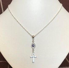 Diamante Evil Eye and Egyptian Ankh Crux Ansata Cross 18" Chain Necklace