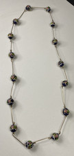 Vintage Blue Wedding Cake Bead Necklace Venetian Glass Gold Tone Wire 14" Drop