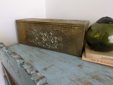 Antique 19th Century Vintage Embossed Brass and Wood Slipper Box Narrow Storage 