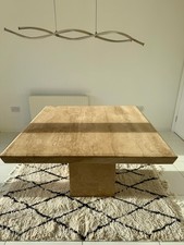 Travertine Stone Dining Table on Pedestal Base – Mid Century Modern Style