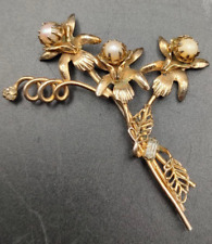 Vintage Faux Pearl Gold Tone Floral Spray Bouquet Brooch Pin