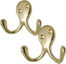 2 Pack of Brass Double Coat Hooks Door & Wall Robe Dress Garment Hangers
