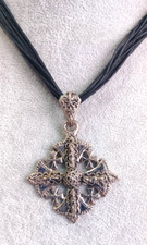 Vintage Jerusalem Cross Pendant Necklace Silver Tone Metal Double Sided