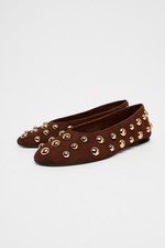 Zara brown burgundy Real Suede Leather Ballet Flats With Studs shoes Size 6 39 