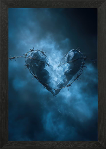 Blue barbed wire - heart, framed