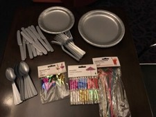 Job Lot Silver Party Paper plates umbrellas, cocktail sticks, cutlery BBQ Picnic