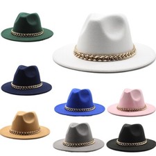 Women's Ladies Wide Brim Fedora Hats with Gold Chain Felt Panama Hat Jazz Caps