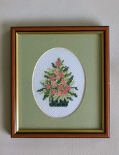 Small Wood Framed Cross Stitched Embroidery Floral Display H19 W17 cm