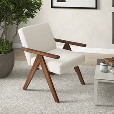 Mid-century Modern Accent Chair Line Fabric Armchair with Solid Wood Frame Beige