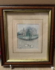 Sharon Jervis Floral Print, Small sheep In A Field By A Church