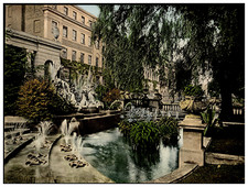 Cheltenham. Promenade looking towers Queen’s Hotel. Fountain. Vintage photochrome