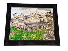 Mark Leary watercolour scimitar recce vehicle , soldier surveying the ground  
