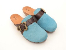 Scholl Clogs Mules Slip On Ponyhair Buckle Leather 70s Y2K Blue Brown UK 5 EU 38
