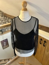 Anthropologie Mesh Long Sleeve Rhinestone Beaded Sheer Top Size Small Black