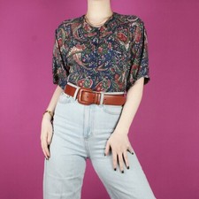 VINTAGE hippy 90s boho Womens Ladies Silk paisley Blouse blue Top medium 12 14