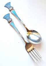 ANTIQUE SILVER GILT GUILLOCHE BLUE ENAMEL THISTLE SPOON & FORK J.TOSTRUP NORWAY