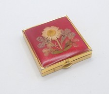 Vintage Pill Box Brass Pressed Flowers Resin Square Red