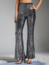 Women Sparkly Black Sequin pants Flared High waisted Trousers Size 10-12 S/M