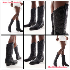 SALE BLACK UK SIZES 4-8 EMBROIDERED MID CUBAN HEEL POINTED TOE COWBOY KNEE BOOTS