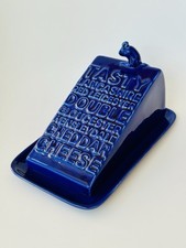 Cobalt Blue Glazed Ceramic Cheese Dish with Mouse Handle