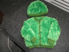 Childs Funky Fur Yarn Cardigan and Matching Hat in Green to fit 6-12 months
