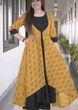Womens Designer Indian Pakistani Long Koti Style Dress Mustard /Black 2pcs SizeM