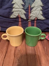 Set of 2 Fiesta Ware Yellow & Green Coffee Mugs. Tom & Jerry Handles